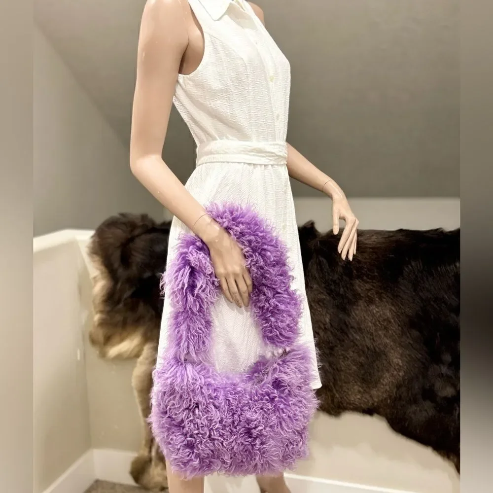 Handmade Lavender Real Curly Shearling Fashion Hobo Bag/Shoulder Bag/Crossbody